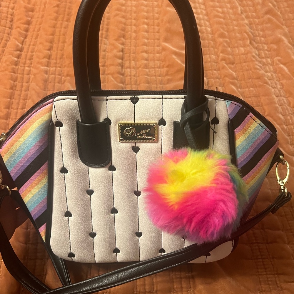 Betsey Johnson Black and White Satchel with Rainbow Details